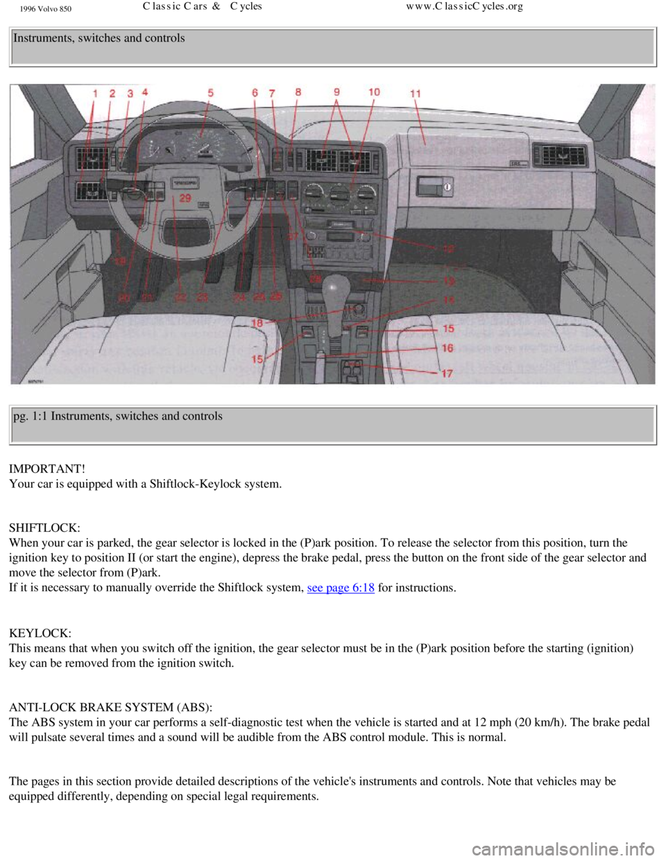 VOLVO 850 1996  Owners Manual 
1996 Volvo 850
Instruments, switches and controls 
pg. 1:1 Instruments, switches and controls 
IMPORTANT!  
Your car is equipped with a Shiftlock-Keylock system. 
 
SHIFTLOCK:  
When your car is park