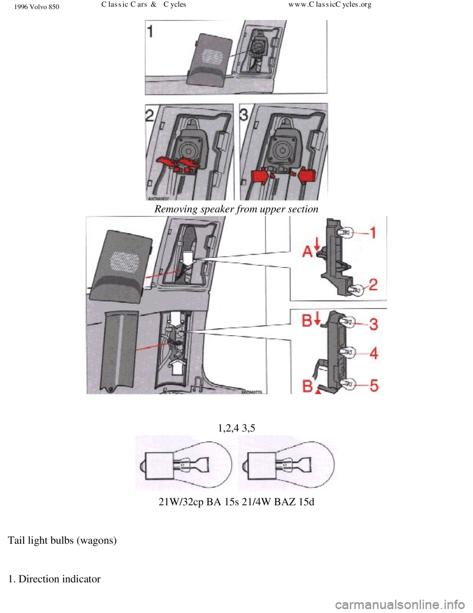VOLVO 850 1996  Owners Manual 
1996 Volvo 850
  
Removing speaker from upper section  
 
  1,2,4 3,5  
   
21W/32cp BA 15s 21/4W BAZ 15d
 
Tail light bulbs (wagons) 
 
1. Direction indicator  
file:///K|/ownersdocs/1996/1996_850/9