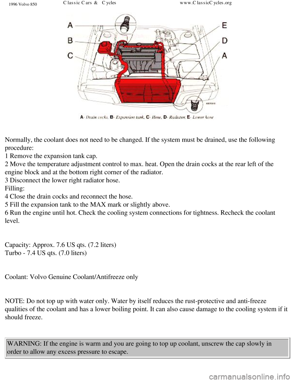 VOLVO 850 1996  Owners Manual 
1996 Volvo 850
 
Normally, the coolant does not need to be changed. If the system must be\
 drained, use the following 
procedure:  
1 Remove the expansion tank cap.  
2 Move the temperature adjustme