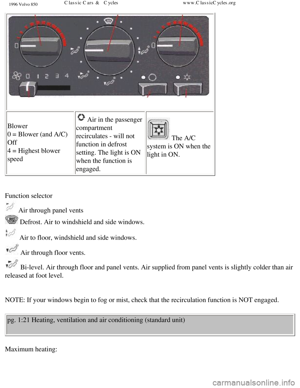 VOLVO 850 1996 Owners Guide
1996 Volvo 850
Blower
0 = Blower (and A/C)
Off
4 = Highest blower
speed
Air in the passenger
compartment
recirculates - will not
function in defrost
setting. The light is ON
when the f VOLVO 850 1996 Owners Guide
1996 Volvo 850
Blower
0 = Blower (and A/C)
Off
4 = Highest blower
speed
Air in the passenger
compartment
recirculates - will not
function in defrost
setting. The light is ON
when the f
