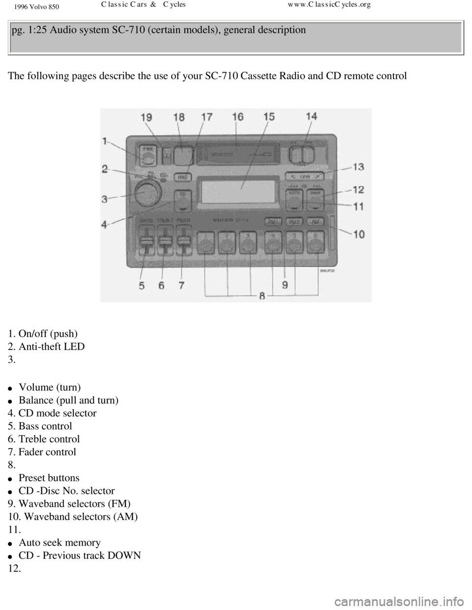 VOLVO 850 1996 Service Manual 
1996 Volvo 850
pg. 1:25 Audio system SC-710 (certain models), general description 
The following pages describe the use of your SC-710 Cassette Radio and C\
D remote control 
 
 
1. On/off (push)  
2