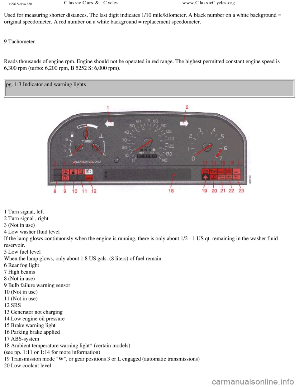 VOLVO 850 1996 Owners Manual
1996 Volvo 850
Used for measuring shorter distances. The last digit indicates 1/10 mile\
/kilometer. A black number on a white background =
original speedometer. A red number on a white background = VOLVO 850 1996 Owners Manual
1996 Volvo 850
Used for measuring shorter distances. The last digit indicates 1/10 mile\
/kilometer. A black number on a white background =
original speedometer. A red number on a white background =