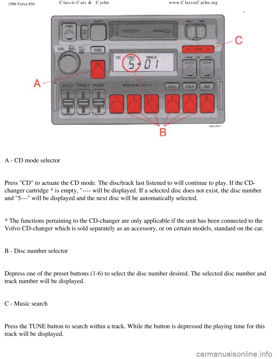 VOLVO 850 1996 Workshop Manual 
1996 Volvo 850
 
A - CD mode selector 
 
Press "CD" to actuate the CD mode. The disc/track last listened to will \
continue to play. If the CD-
changer cartridge * is empty, "---- will be displayed. 