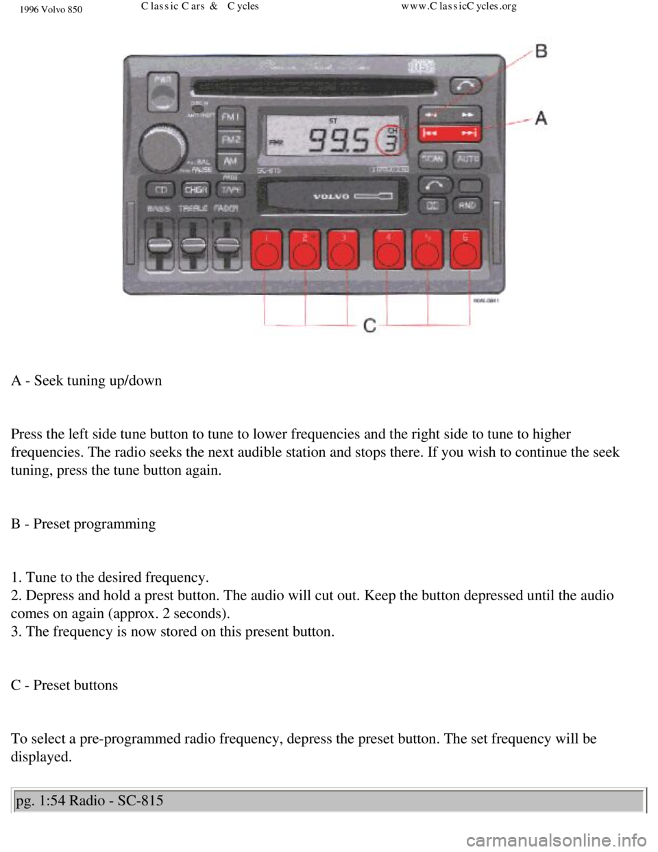 VOLVO 850 1996 Manual PDF 
1996 Volvo 850
 
A - Seek tuning up/down 
 
Press the left side tune button to tune to lower frequencies and the rig\
ht side to tune to higher 
frequencies. The radio seeks the next audible station 