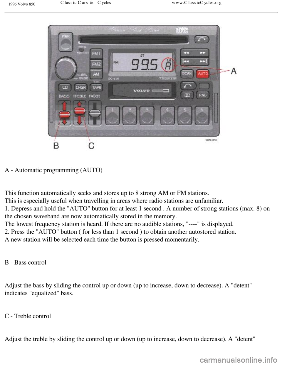 VOLVO 850 1996 Manual PDF 
1996 Volvo 850
 
A - Automatic programming (AUTO) 
 
This function automatically seeks and stores up to 8 strong AM or FM sta\
tions.  
This is especially useful when travelling in areas where radio 