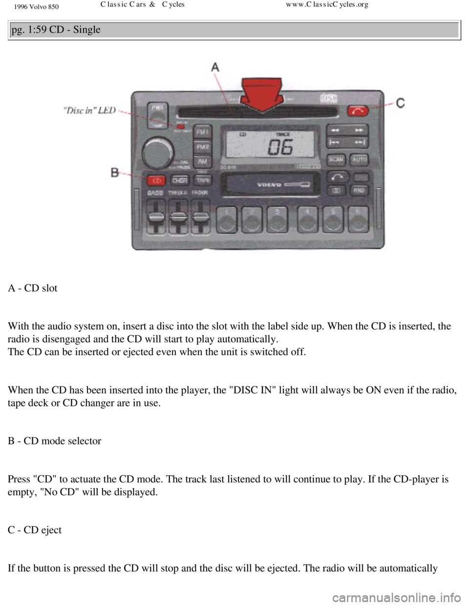 VOLVO 850 1996 Manual Online 
1996 Volvo 850
pg. 1:59 CD - Single 
 
A - CD slot 
 
With the audio system on, insert a disc into the slot with the label sid\
e up. When the CD is inserted, the 
radio is disengaged and the CD will