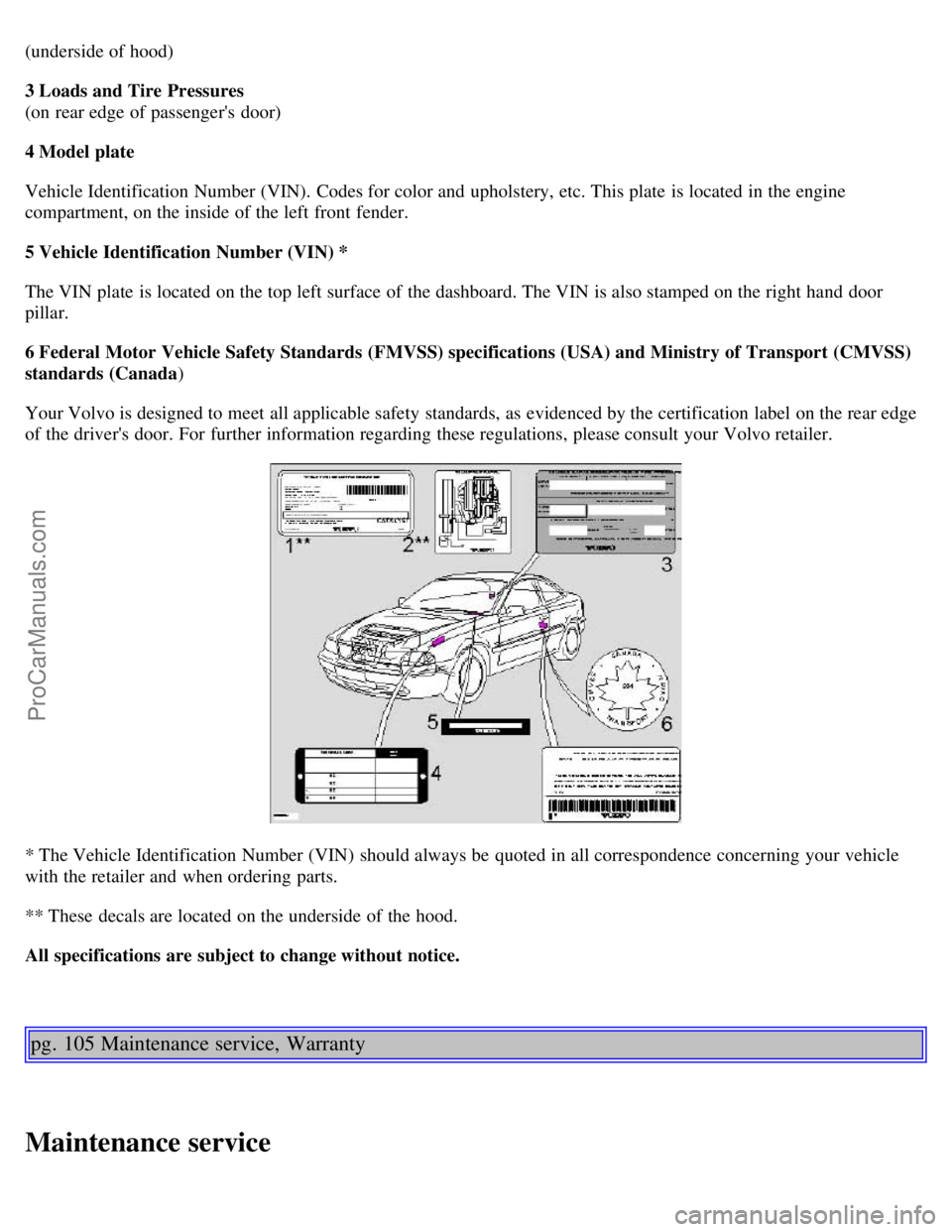 VOLVO C70 2001 Workshop Manual (underside of hood)
3 Loads and Tire Pressures
(on rear edge of passengers  door)
4 Model plate
Vehicle Identification Number (VIN).  Codes for color and  upholstery, etc. This plate  is located in t