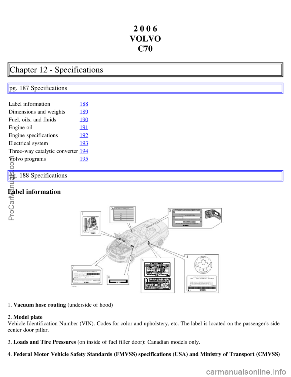 VOLVO C70 2006 Owners Manual 2 0 0 6
VOLVO C70
Chapter 12 - Specifications
pg. 187 Specifications
Label information 188
Dimensions and weights189
Fuel, oils, and fluids190
Engine oil191
Engine specifications192
Electrical syst VOLVO C70 2006 Owners Manual 2 0 0 6
VOLVO C70
Chapter 12 - Specifications
pg. 187 Specifications
Label information 188
Dimensions and weights189
Fuel, oils, and fluids190
Engine oil191
Engine specifications192
Electrical syst