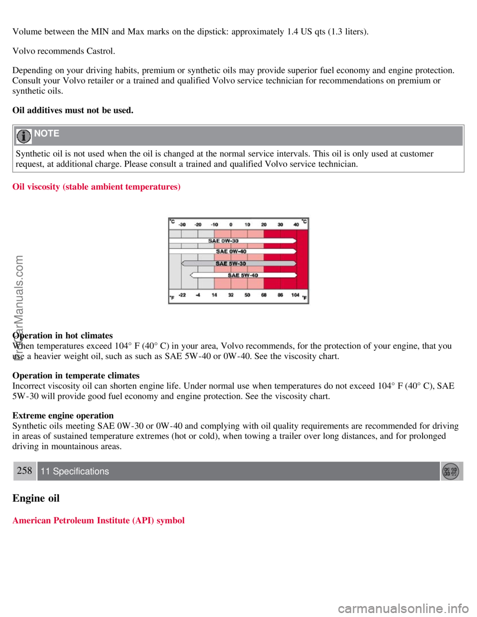VOLVO C70 2008 Owners Manual Volume between the MIN and Max marks on the dipstick: approximately 1.4 US qts (1.3 liters).
Volvo recommends Castrol.
Depending on your driving habits, premium or synthetic oils may provide supe VOLVO C70 2008 Owners Manual Volume between the MIN and Max marks on the dipstick: approximately 1.4 US qts (1.3 liters).
Volvo recommends Castrol.
Depending on your driving habits, premium or synthetic oils may provide supe