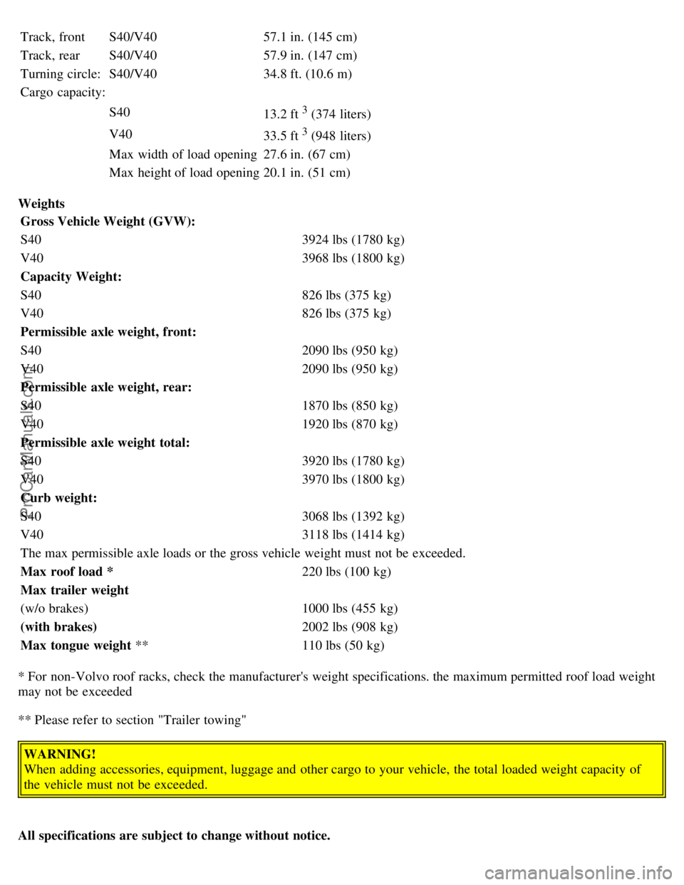 VOLVO S40 2002  Owners Manual Track, frontS40/V40 57.1 in. (145 cm)
Track, rearS40/V40 57.9 in. (147 cm)
Turning circle: S40/V40 34.8 ft. (10.6 m)
Cargo  capacity:
S40 13.2 ft 
3 (374 liters)
V40 33.5 ft 
3 (948 liters)
Max width 