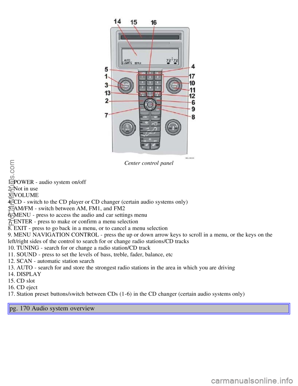 VOLVO S40 2005 Owners Guide Center control panel
1. POWER - audio system on/off
2. Not in use
3. VOLUME
4. CD - switch to the CD player or CD changer (certain audio systems only)
5. AM/FM - switch between AM, FM1, and FM2
6. M VOLVO S40 2005 Owners Guide Center control panel
1. POWER - audio system on/off
2. Not in use
3. VOLUME
4. CD - switch to the CD player or CD changer (certain audio systems only)
5. AM/FM - switch between AM, FM1, and FM2
6. M