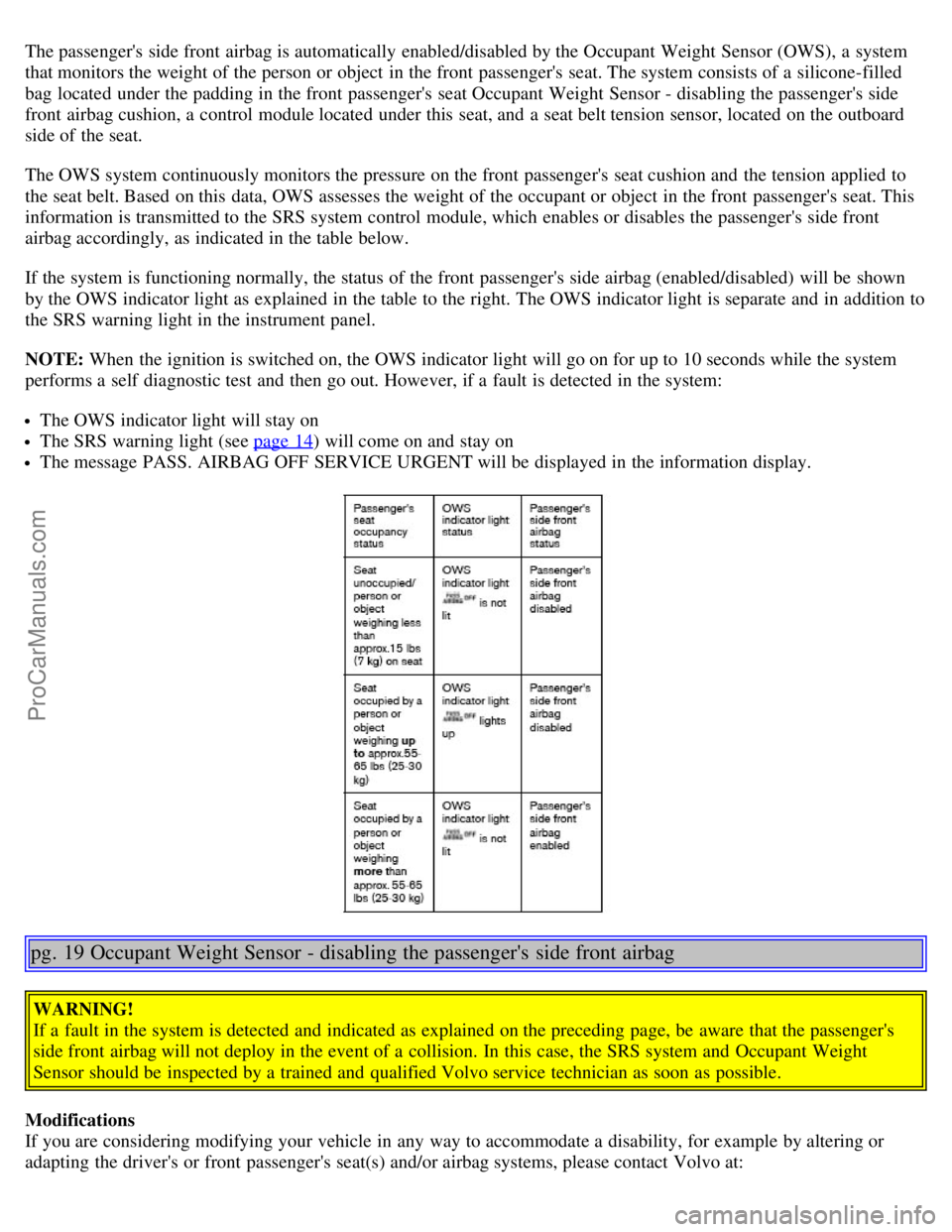 VOLVO S40 2006  Owners Manual The passengers  side front  airbag is automatically  enabled/disabled by the Occupant Weight  Sensor (OWS), a  system
that monitors the weight of the person or object  in the front  passengers  seat