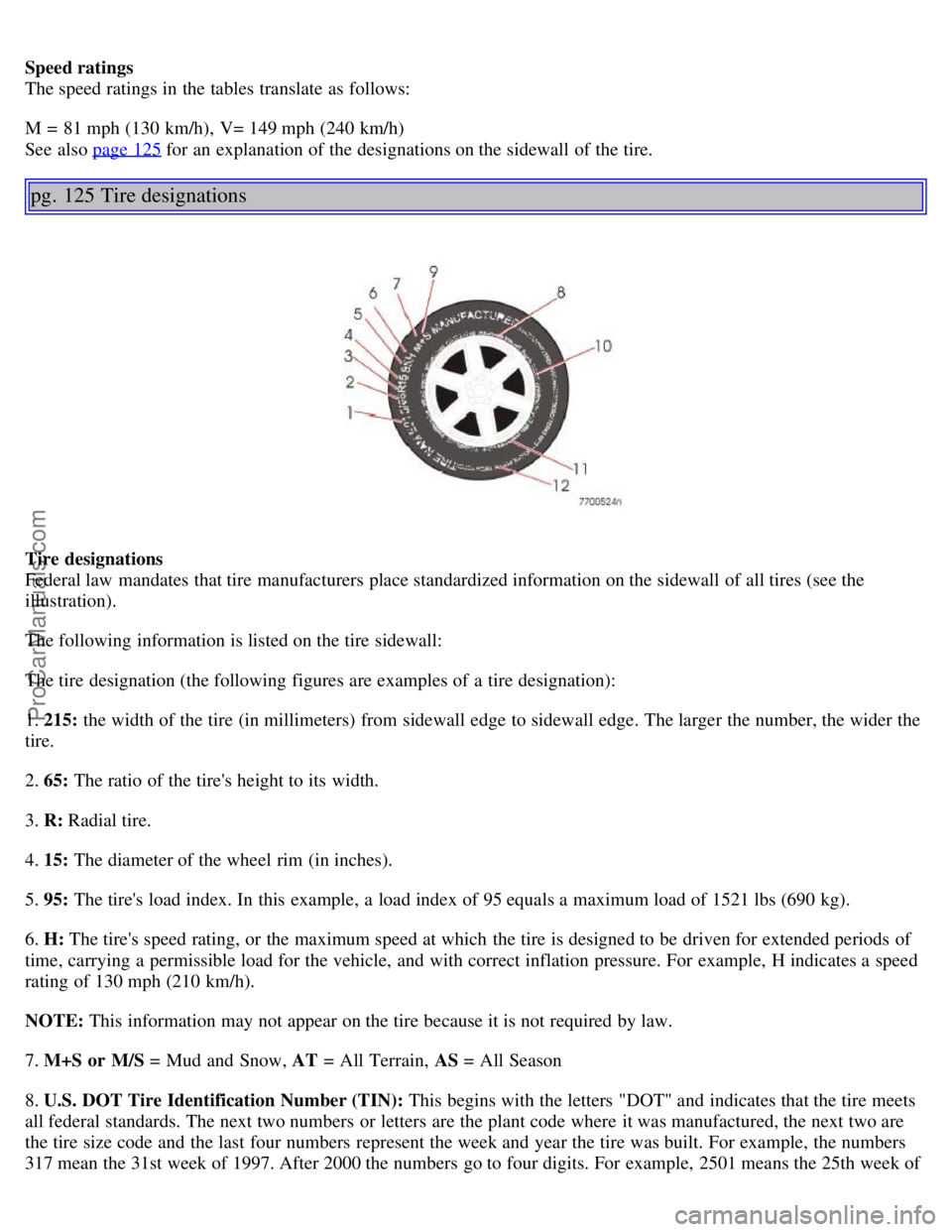 VOLVO S40 2006 Manual PDF Speed ratings
The speed ratings in the tables translate as follows:
M = 81 mph (130 km/h), V= 149 mph (240 km/h)
See also page 125
for an explanation of the designations on the sidewall of the tir VOLVO S40 2006 Manual PDF Speed ratings
The speed ratings in the tables translate as follows:
M = 81 mph (130 km/h), V= 149 mph (240 km/h)
See also page 125
for an explanation of the designations on the sidewall of the tir