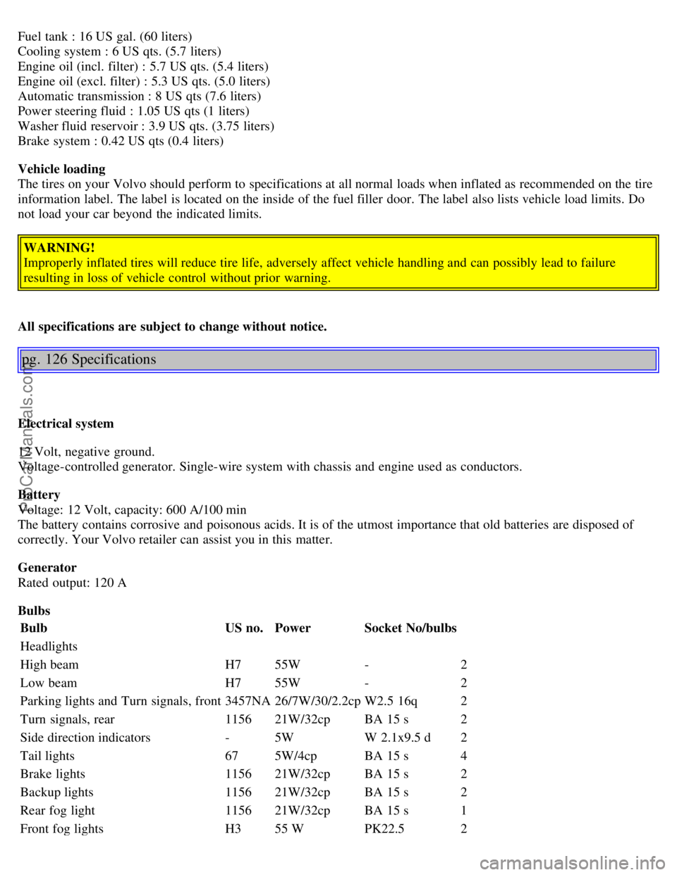 VOLVO S40 2003  Owners Manual Fuel tank : 16 US gal. (60 liters) 
Cooling system : 6 US qts. (5.7 liters) 
Engine oil (incl. filter) : 5.7 US qts. (5.4 liters) 
Engine oil (excl. filter) : 5.3 US qts. (5.0 liters) 
Automatic trans