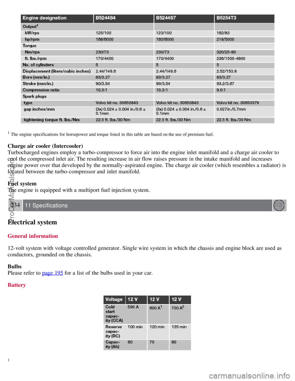VOLVO S40 2007 Owners Manual 1 The engine specifications for horsepower and torque listed in this table are based on the use of premium fuel.
Charge air cooler (Intercooler)
Turbocharged engines employ a turbo-compressor VOLVO S40 2007 Owners Manual 1 The engine specifications for horsepower and torque listed in this table are based on the use of premium fuel.
Charge air cooler (Intercooler)
Turbocharged engines employ a turbo-compressor