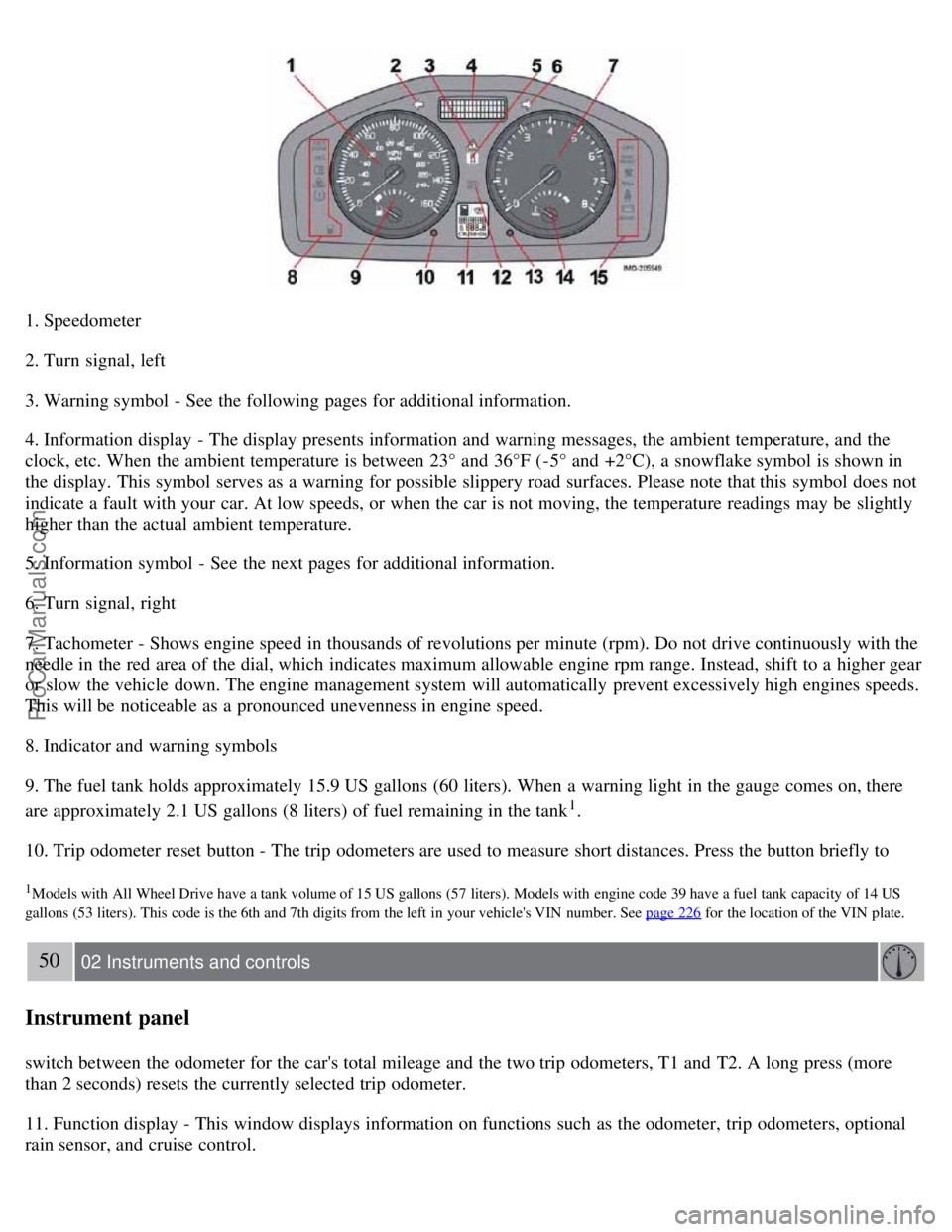 VOLVO S40 2007  Owners Manual 1. Speedometer
2. Turn  signal, left
3. Warning symbol  - See  the following pages for additional information.
4. Information display - The display presents information and  warning messages, the ambi