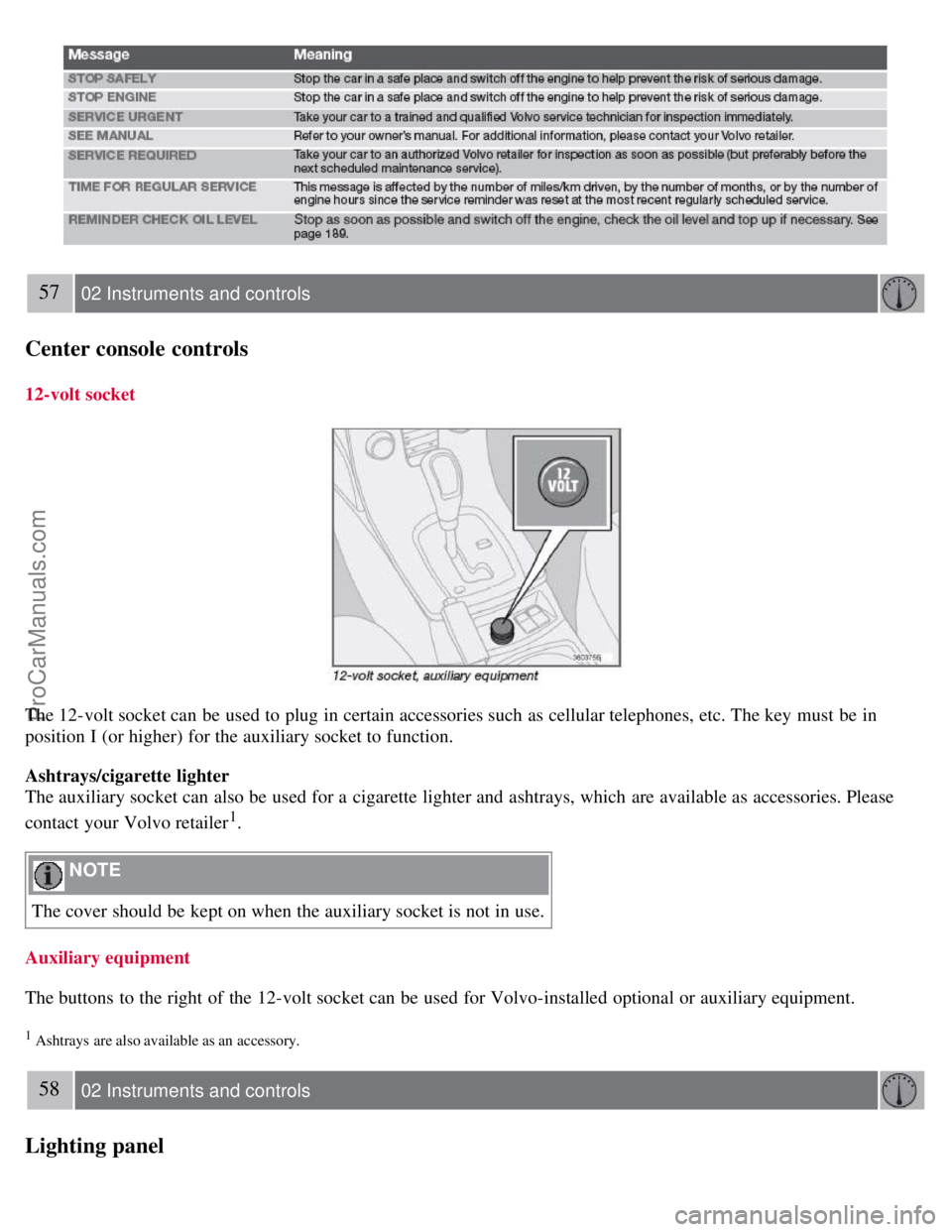 VOLVO S40 2007 Owners Manual 57 02 Instruments and controls
Center console controls
12-volt socket
The 12-volt socket can be used to plug in certain accessories such as cellular telephones, etc. The key must be in
position I VOLVO S40 2007 Owners Manual 57 02 Instruments and controls
Center console controls
12-volt socket
The 12-volt socket can be used to plug in certain accessories such as cellular telephones, etc. The key must be in
position I