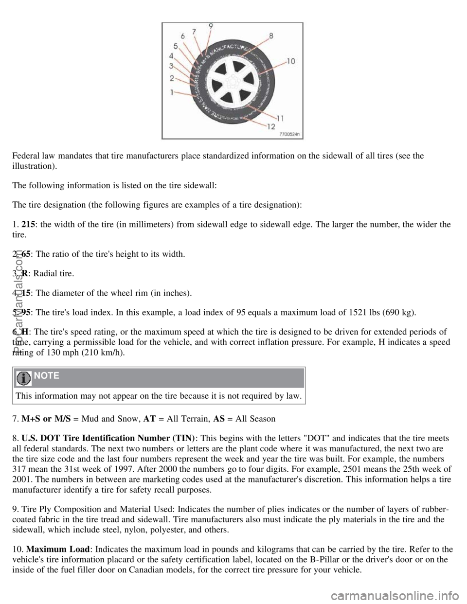 VOLVO S40 2008 Owners Manual Federal law mandates that tire manufacturers place standardized information on the sidewall of all tires (see the
illustration).
The following information is listed on the tire sidewall:
The tire des VOLVO S40 2008 Owners Manual Federal law mandates that tire manufacturers place standardized information on the sidewall of all tires (see the
illustration).
The following information is listed on the tire sidewall:
The tire des