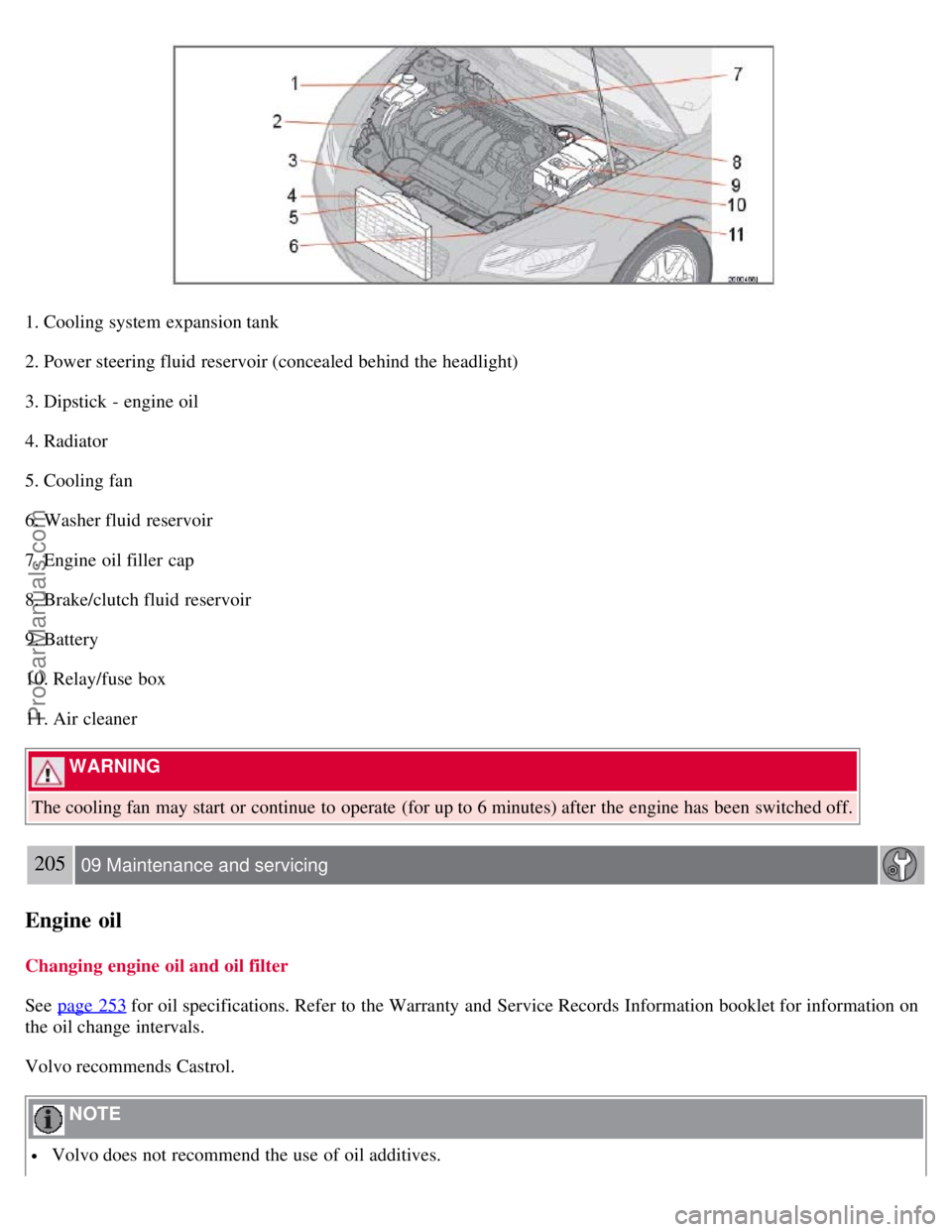 VOLVO S40 2008 Owners Manual 1. Cooling system expansion tank
2. Power steering fluid reservoir (concealed behind the headlight)
3. Dipstick - engine oil
4. Radiator
5. Cooling fan
6. Washer fluid reservoir
7. Engine oil filler VOLVO S40 2008 Owners Manual 1. Cooling system expansion tank
2. Power steering fluid reservoir (concealed behind the headlight)
3. Dipstick - engine oil
4. Radiator
5. Cooling fan
6. Washer fluid reservoir
7. Engine oil filler