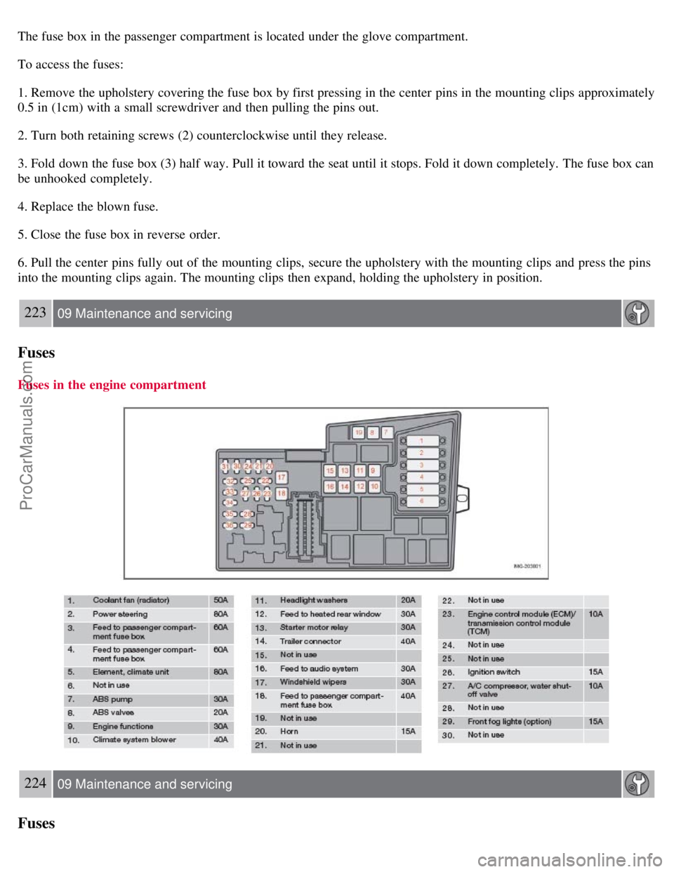 VOLVO S40 2008 Owners Manual The fuse box in the passenger compartment is located under the glove compartment.
To access the fuses:
1. Remove the upholstery covering the fuse box by first pressing in the center pins in the moun VOLVO S40 2008 Owners Manual The fuse box in the passenger compartment is located under the glove compartment.
To access the fuses:
1. Remove the upholstery covering the fuse box by first pressing in the center pins in the moun