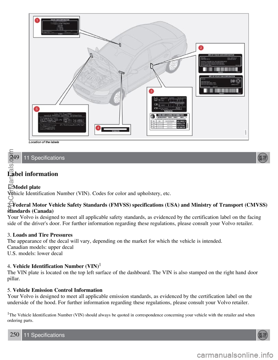 VOLVO S40 2008 Owners Manual 249 11 Specifications
Label information
1. Model plate
Vehicle Identification Number (VIN). Codes for color and upholstery, etc.
2. Federal Motor Vehicle Safety Standards (FMVSS) specifications (USA VOLVO S40 2008 Owners Manual 249 11 Specifications
Label information
1. Model plate
Vehicle Identification Number (VIN). Codes for color and upholstery, etc.
2. Federal Motor Vehicle Safety Standards (FMVSS) specifications (USA