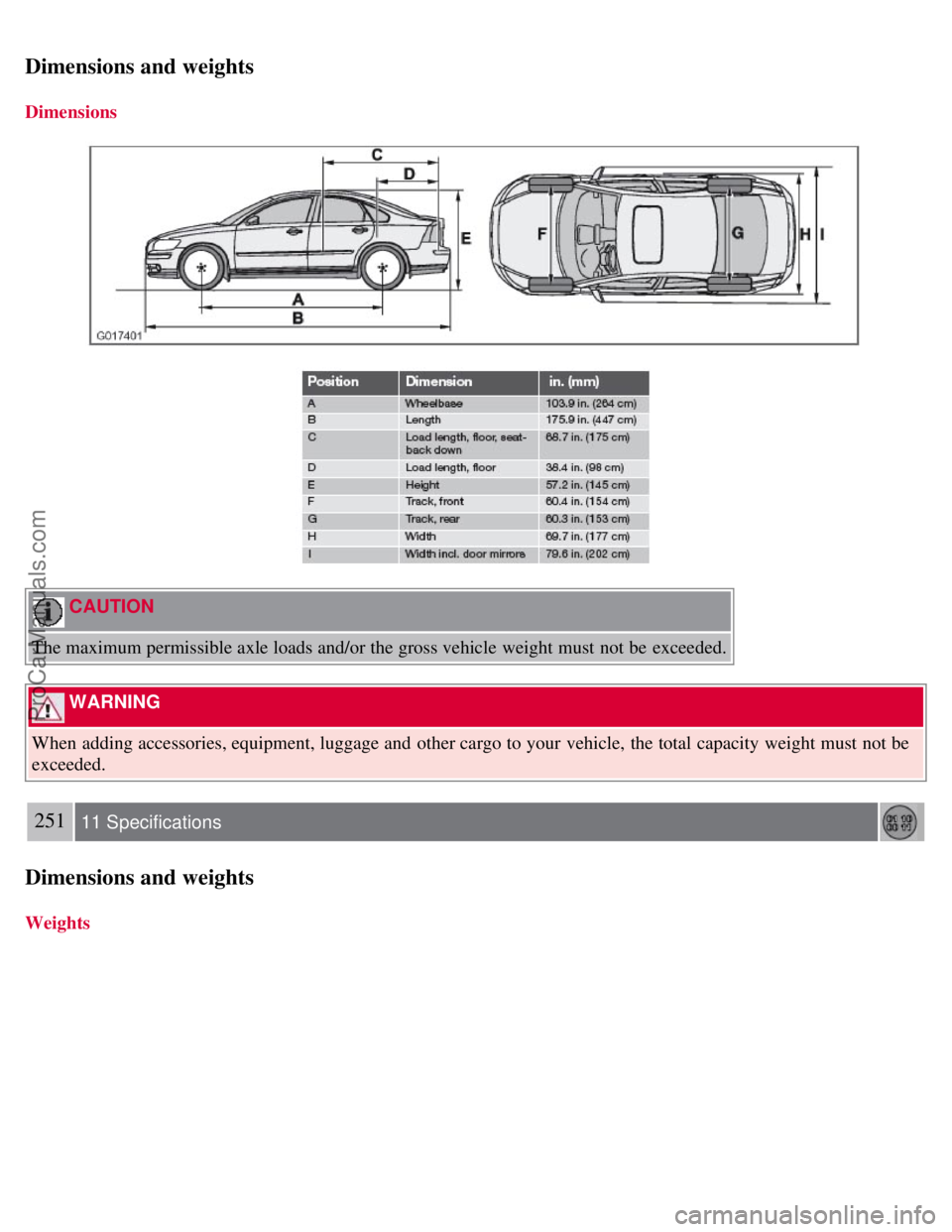 VOLVO S40 2008 Owners Manual Dimensions and weights
Dimensions
CAUTION
The maximum permissible axle loads and/or the gross vehicle weight must not be exceeded.
WARNING
When adding accessories, equipment, luggage and other VOLVO S40 2008 Owners Manual Dimensions and weights
Dimensions
CAUTION
The maximum permissible axle loads and/or the gross vehicle weight must not be exceeded.
WARNING
When adding accessories, equipment, luggage and other