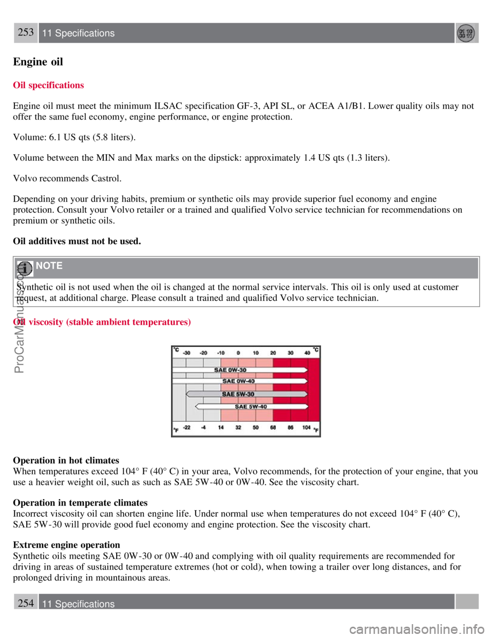 VOLVO S40 2008 Owners Manual 253 11 Specifications
Engine oil
Oil specifications
Engine oil must meet the minimum ILSAC specification GF-3, API SL, or ACEA A1/B1. Lower quality oils may not
offer the same fuel economy, engin VOLVO S40 2008 Owners Manual 253 11 Specifications
Engine oil
Oil specifications
Engine oil must meet the minimum ILSAC specification GF-3, API SL, or ACEA A1/B1. Lower quality oils may not
offer the same fuel economy, engin