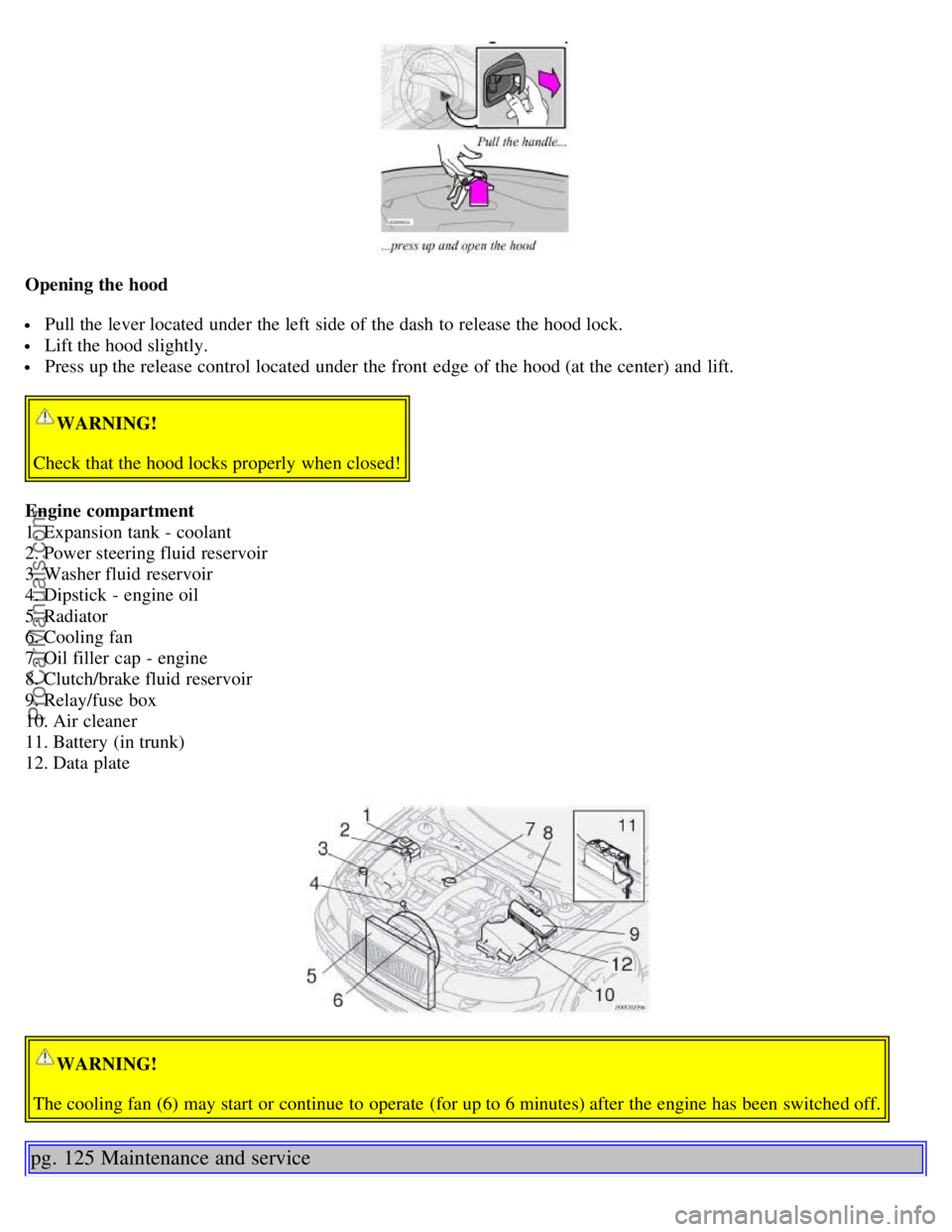 VOLVO S60 2004  Owners Manual Opening the hood
 Pull the lever located under the left side of the dash to release the hood lock.
 Lift the hood slightly.
 Press up the release control located under the front  edge of the hood (at 