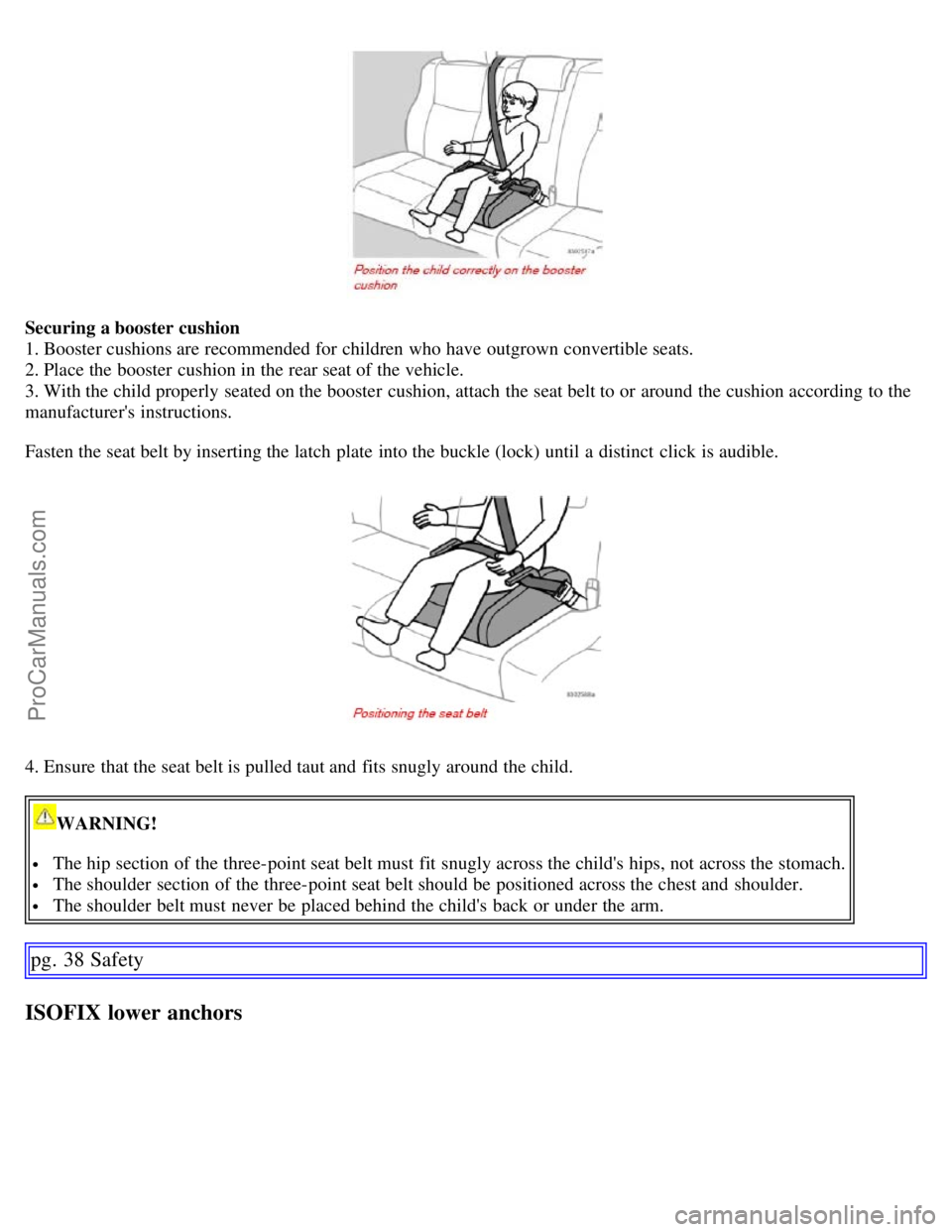 VOLVO S60 2007 Owners Manual Securing a booster cushion
1. Booster cushions are recommended for children who have outgrown convertible seats.
2. Place the booster cushion in the rear seat of the vehicle.
3. With the child proper VOLVO S60 2007 Owners Manual Securing a booster cushion
1. Booster cushions are recommended for children who have outgrown convertible seats.
2. Place the booster cushion in the rear seat of the vehicle.
3. With the child proper