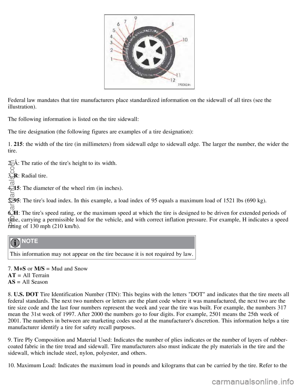VOLVO S60 2008 Owners Manual Federal law mandates that tire manufacturers place standardized information on the sidewall of all tires (see the
illustration).
The following information is listed on the tire sidewall:
The tire des VOLVO S60 2008 Owners Manual Federal law mandates that tire manufacturers place standardized information on the sidewall of all tires (see the
illustration).
The following information is listed on the tire sidewall:
The tire des