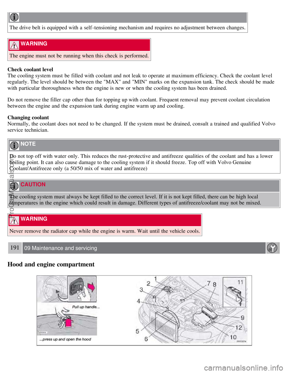 VOLVO S60 2008 Owners Manual The drive belt is equipped with a self -tensioning mechanism and requires no adjustment between changes.
WARNING
The engine must not be running when this check is performed.
Check coolant level VOLVO S60 2008 Owners Manual The drive belt is equipped with a self -tensioning mechanism and requires no adjustment between changes.
WARNING
The engine must not be running when this check is performed.
Check coolant level