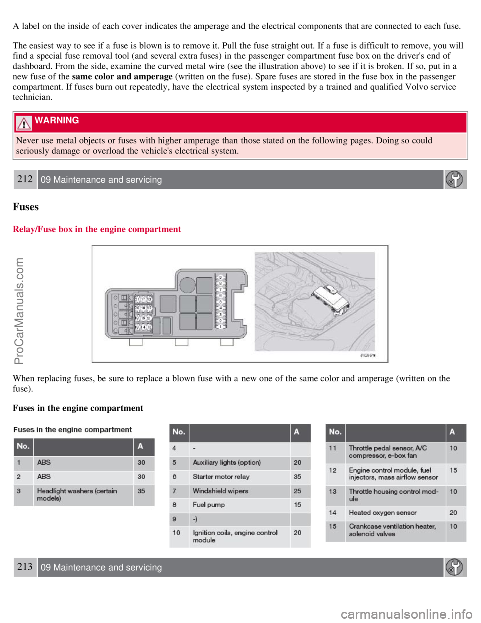 VOLVO S60 2008 Owners Manual A label on the inside of each cover indicates the amperage and the electrical components that are connected to each fuse.
The easiest way to see if a fuse is blown is to remove it. Pull the fuse s VOLVO S60 2008 Owners Manual A label on the inside of each cover indicates the amperage and the electrical components that are connected to each fuse.
The easiest way to see if a fuse is blown is to remove it. Pull the fuse s