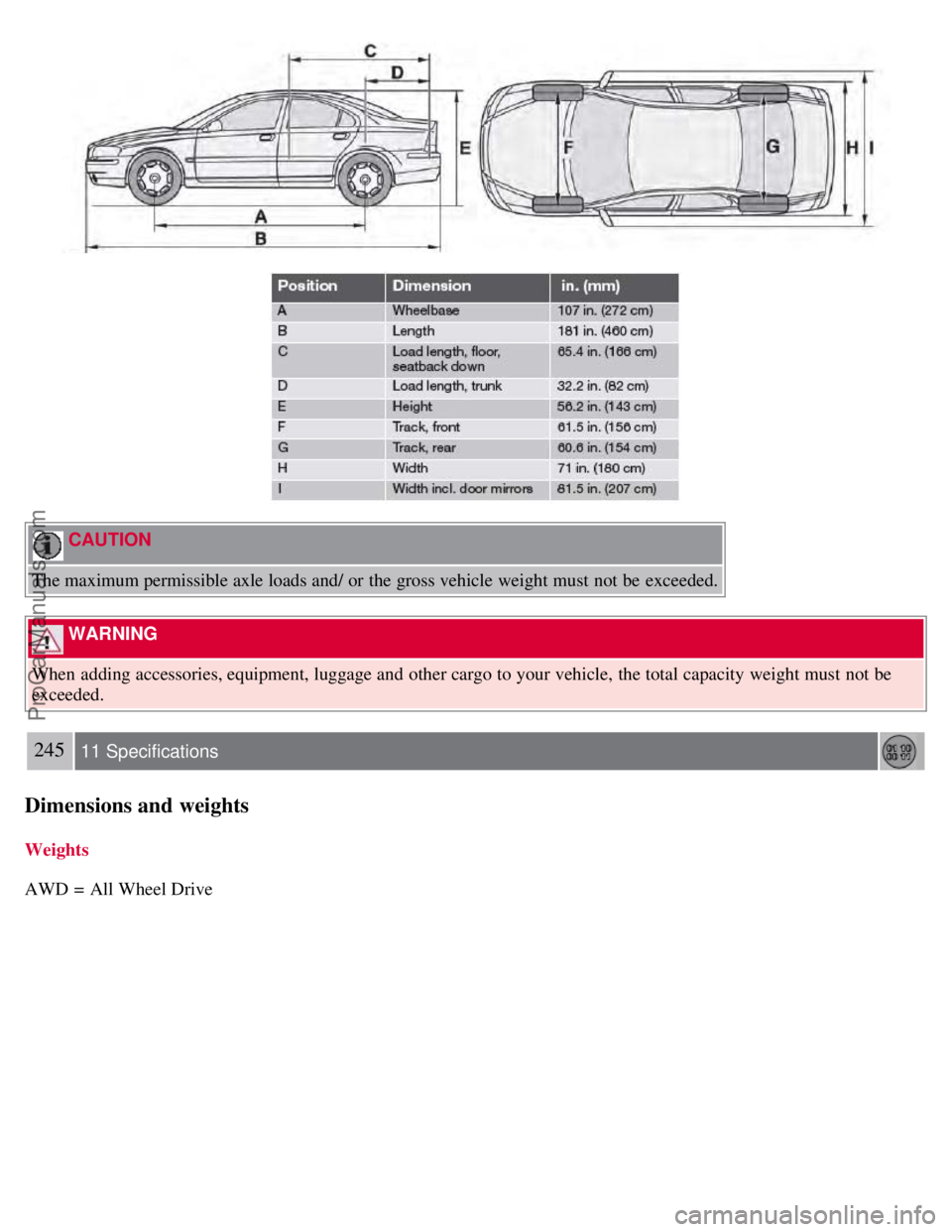 VOLVO S60 2008 Owners Manual CAUTION
The maximum permissible axle loads and/ or the gross vehicle weight must not be exceeded.
WARNING
When adding accessories, equipment, luggage and other cargo to your vehicle, the total VOLVO S60 2008 Owners Manual CAUTION
The maximum permissible axle loads and/ or the gross vehicle weight must not be exceeded.
WARNING
When adding accessories, equipment, luggage and other cargo to your vehicle, the total