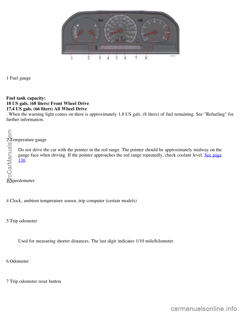VOLVO S70 1999  Owners Manual 1 Fuel gauge
Fuel tank  capacity:
18 US gals. (68 liters) Front  Wheel Drive
17.4 US gals. (66 liters) All Wheel Drive
. When the warning light comes on there is approximately 1.8 US gals. (8 liters) 