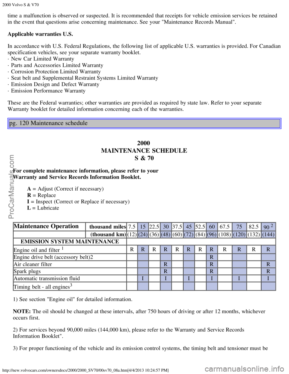 VOLVO S70 2000 Repair Manual 2000 Volvo S & V70
http://new.volvocars.com/ownersdocs/2000/2000_SV70/00sv70_08a.htm[4/4/2013 10:24:57 PM]
time a  malfunction is observed or suspected. It is recommended that receipts for vehicle emi