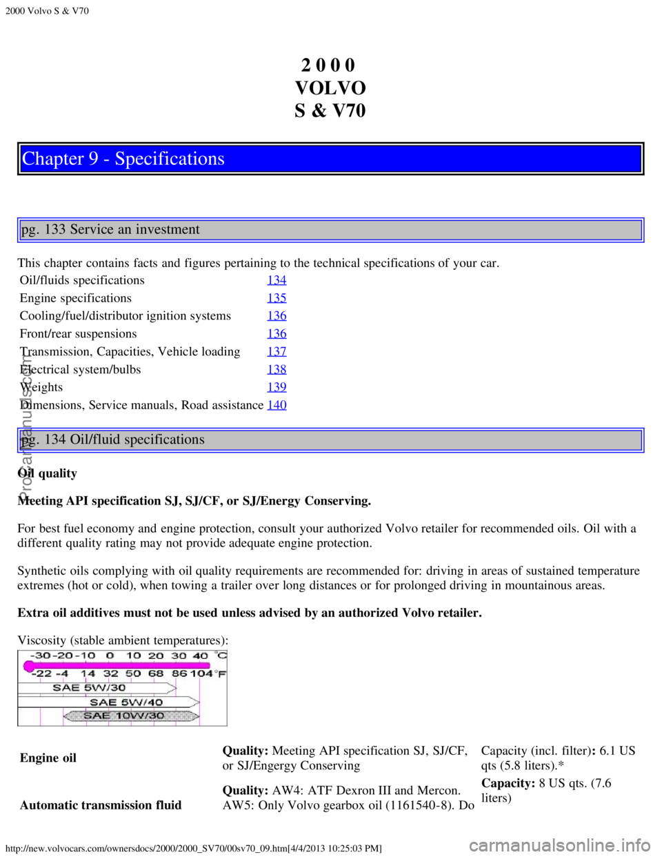 VOLVO S70 2000  Owners Manual 2000 Volvo S & V70
http://new.volvocars.com/ownersdocs/2000/2000_SV70/00sv70_09.htm[4/4/2013 10:25:03 PM]
2 0 0 0 
VOLVO
S & V70
Chapter 9 - Specifications
pg. 133 Service an investment
This chapter  