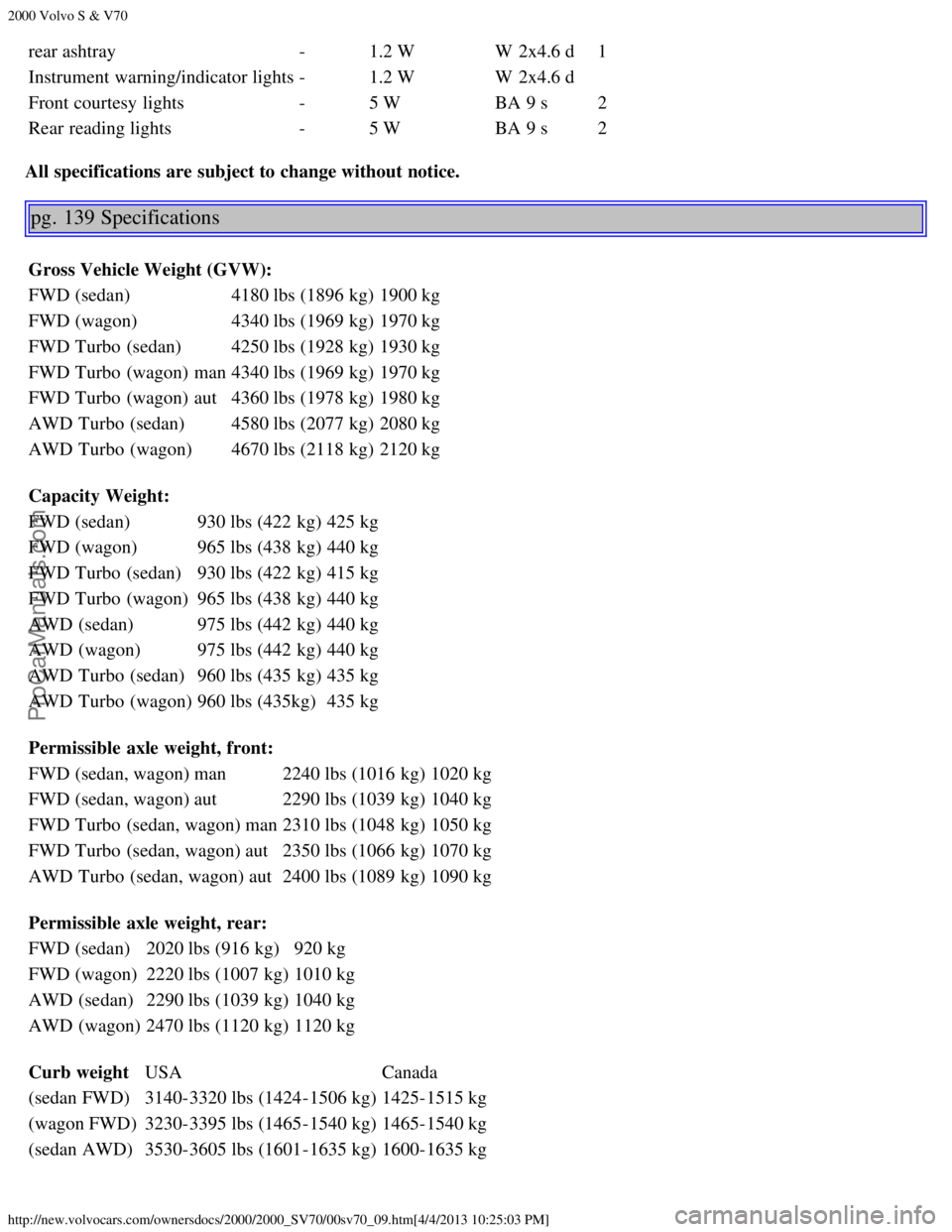 VOLVO S70 2000 Manual PDF 2000 Volvo S & V70
http://new.volvocars.com/ownersdocs/2000/2000_SV70/00sv70_09.htm[4/4/2013 10:25:03 PM]
rear ashtray-1.2 W W  2x4.6 d1
Instrument warning/indicator lights -1.2 W W  2x4.6 d
Front cou