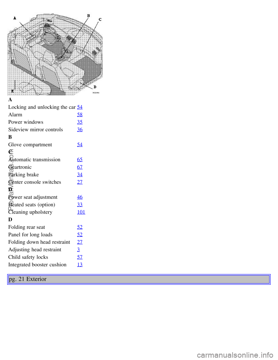 VOLVO S80 1999 Owners Manual A
Locking and unlocking the car54
Alarm58
Power windows35
Sideview mirror controls36
B
Glove compartment54
C
Automatic transmission65
Geartronic67
Parking brake34
Center console switches27
D
Power s VOLVO S80 1999 Owners Manual A
Locking and unlocking the car54
Alarm58
Power windows35
Sideview mirror controls36
B
Glove compartment54
C
Automatic transmission65
Geartronic67
Parking brake34
Center console switches27
D
Power s