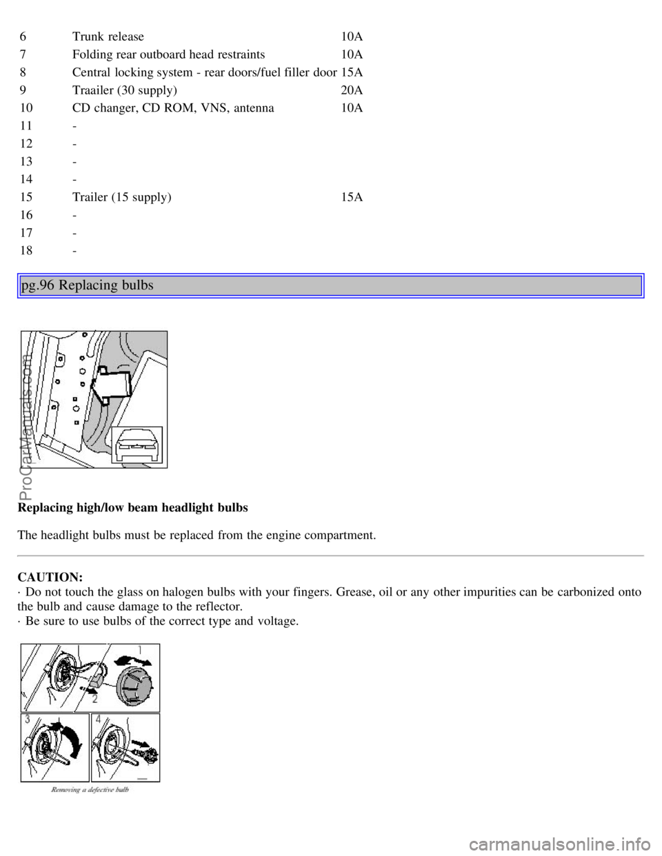 VOLVO S80 2001 Manual PDF 6Trunk release 10A
7Folding rear outboard head restraints 10A
8 Central locking system - rear doors/fuel filler door 15A
9 Traailer (30 supply) 20A
10 CD changer, CD ROM, VNS, antenna 10A
11 -
12 VOLVO S80 2001 Manual PDF 6Trunk release 10A
7Folding rear outboard head restraints 10A
8 Central locking system - rear doors/fuel filler door 15A
9 Traailer (30 supply) 20A
10 CD changer, CD ROM, VNS, antenna 10A
11 -
12