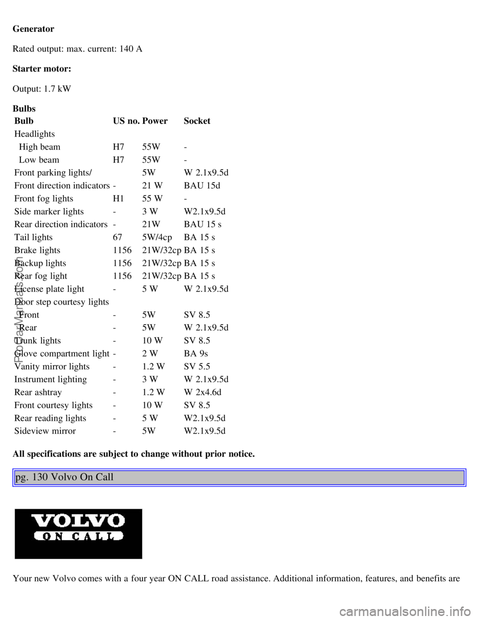 VOLVO S80 2002 Manual Online Generator
Rated output: max. current: 140 A
Starter motor:
Output: 1.7 kW
BulbsBulb US no.Power Socket
Headlights
High beam H755W -
Low beam H755W -
Front parking lights/ 5WW 2.1x9.5d
Front direc VOLVO S80 2002 Manual Online Generator
Rated output: max. current: 140 A
Starter motor:
Output: 1.7 kW
BulbsBulb US no.Power Socket
Headlights
High beam H755W -
Low beam H755W -
Front parking lights/ 5WW 2.1x9.5d
Front direc