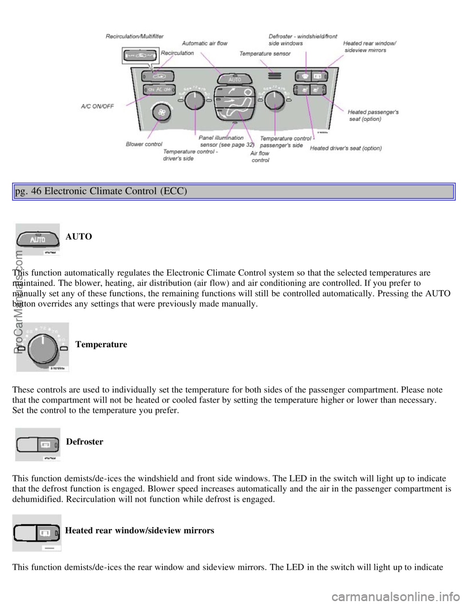 VOLVO S80 2004 Owners Manual pg. 46 Electronic Climate Control (ECC)
AUTO
This function automatically regulates the Electronic Climate Control system so that the selected temperatures are
maintained. The blower, heating, air VOLVO S80 2004 Owners Manual pg. 46 Electronic Climate Control (ECC)
AUTO
This function automatically regulates the Electronic Climate Control system so that the selected temperatures are
maintained. The blower, heating, air