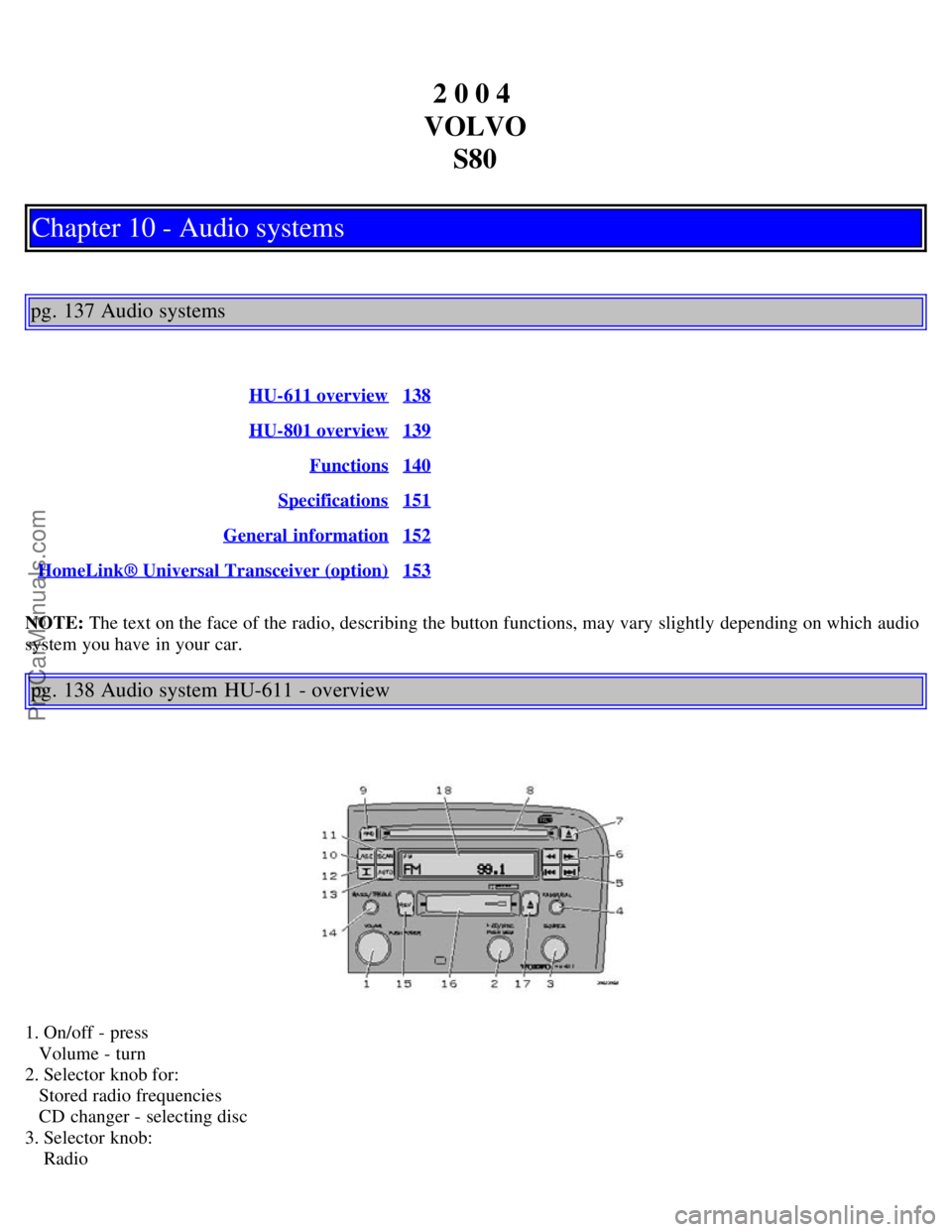 VOLVO S80 2004 Manual Online 2 0 0 4
VOLVO S80
Chapter 10 - Audio systems
pg. 137 Audio systems
HU-611 overview138
HU-801 overview139
Functions140
Specifications151
General information152
HomeLink® Universal Transceiver (optio VOLVO S80 2004 Manual Online 2 0 0 4
VOLVO S80
Chapter 10 - Audio systems
pg. 137 Audio systems
HU-611 overview138
HU-801 overview139
Functions140
Specifications151
General information152
HomeLink® Universal Transceiver (optio