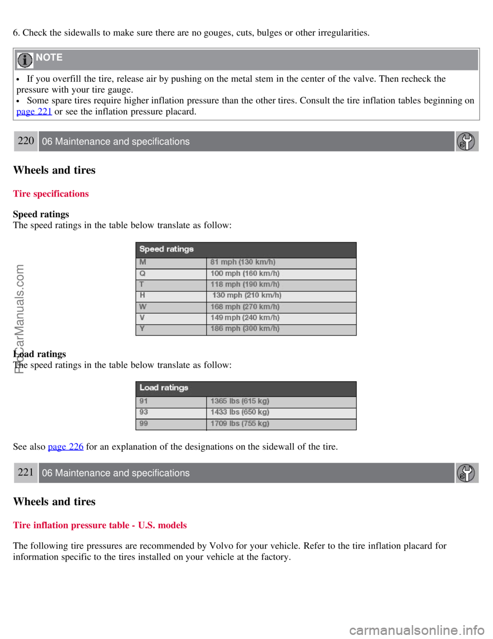 VOLVO S80 2007 Owners Manual 6. Check the sidewalls to make sure there are no gouges, cuts, bulges or other irregularities.
NOTE
If you overfill the tire, release air by pushing on the metal stem in the center of the valve. VOLVO S80 2007 Owners Manual 6. Check the sidewalls to make sure there are no gouges, cuts, bulges or other irregularities.
NOTE
If you overfill the tire, release air by pushing on the metal stem in the center of the valve.