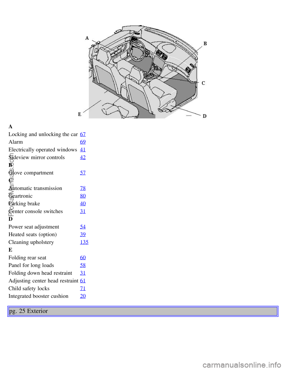 VOLVO S80 2006 Owners Manual A
Locking and unlocking the car67
Alarm69
Electrically operated windows41
Sideview mirror controls42
B
Glove compartment57
C
Automatic transmission78
Geartronic80
Parking brake40
Center console swi VOLVO S80 2006 Owners Manual A
Locking and unlocking the car67
Alarm69
Electrically operated windows41
Sideview mirror controls42
B
Glove compartment57
C
Automatic transmission78
Geartronic80
Parking brake40
Center console swi
