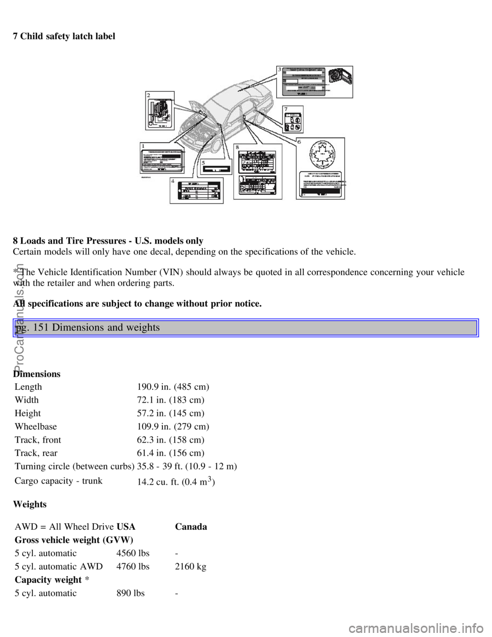 VOLVO S80 2006 Owners Manual 7 Child safety latch label
8 Loads and Tire Pressures - U.S. models only
Certain models will only have one decal, depending on the specifications of the vehicle.
* The Vehicle Identification Number VOLVO S80 2006 Owners Manual 7 Child safety latch label
8 Loads and Tire Pressures - U.S. models only
Certain models will only have one decal, depending on the specifications of the vehicle.
* The Vehicle Identification Number