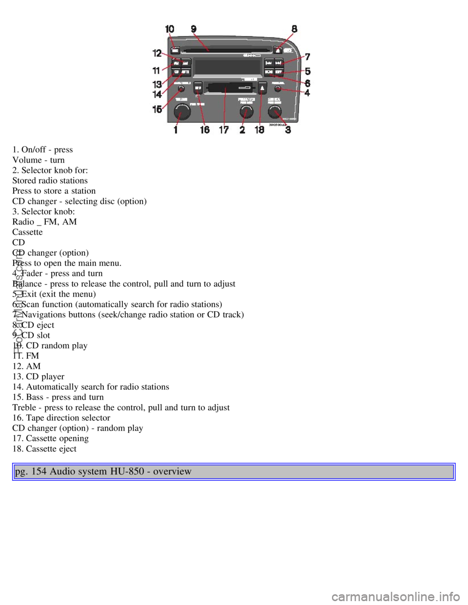 VOLVO S80 2005 Owners Manual 1. On/off - press
Volume - turn
2. Selector knob for:
Stored radio stations
Press to store a station
CD changer - selecting disc (option)
3. Selector knob:
Radio _ FM, AM
Cassette
CD
CD VOLVO S80 2005 Owners Manual 1. On/off - press
Volume - turn
2. Selector knob for:
Stored radio stations
Press to store a station
CD changer - selecting disc (option)
3. Selector knob:
Radio _ FM, AM
Cassette
CD
CD