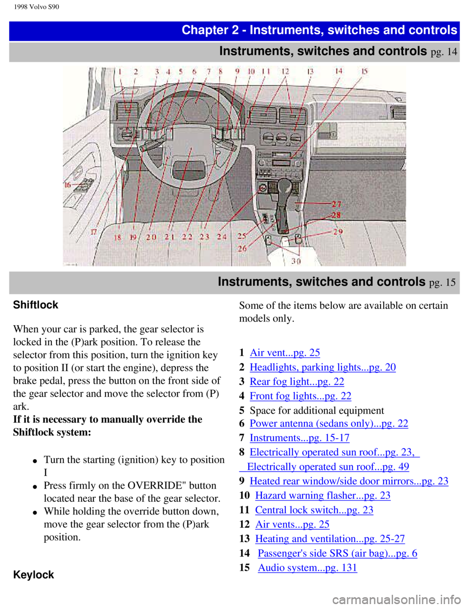 VOLVO S90 1998 Owners Manual
1998 Volvo S90
Chapter 2 - Instruments, switches and controlsInstruments, switches and controls
pg. 14
Instruments, switches and controls pg. 15
Shiftlock
When your car is parked, the gear sele VOLVO S90 1998 Owners Manual
1998 Volvo S90
Chapter 2 - Instruments, switches and controlsInstruments, switches and controls
pg. 14
Instruments, switches and controls pg. 15
Shiftlock
When your car is parked, the gear sele