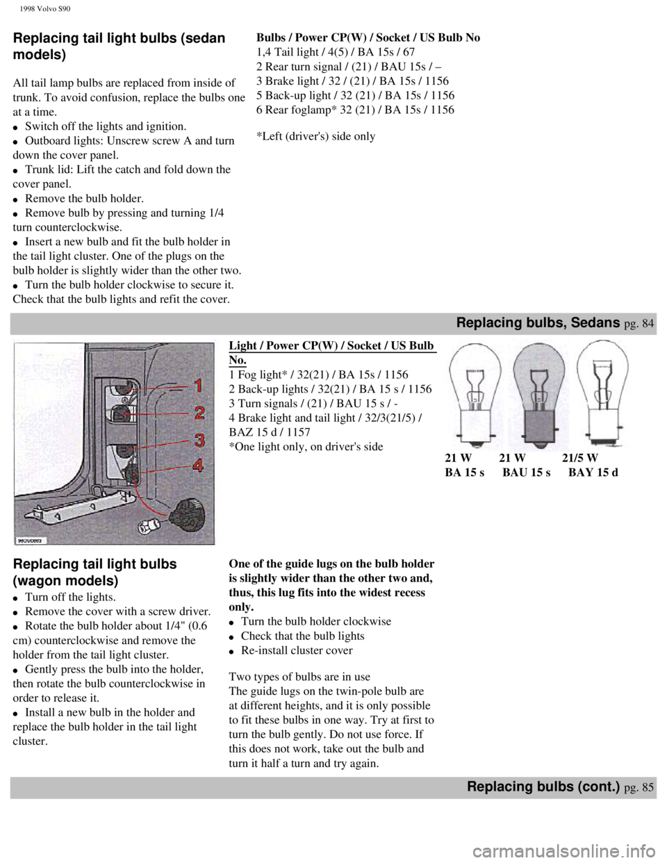 VOLVO S90 1998 Owners Manual
1998 Volvo S90
Replacing tail light bulbs (sedan
models)
All tail lamp bulbs are replaced from inside of
trunk. To avoid confusion, replace the bulbs one
at a time.
l Switch off the ligh VOLVO S90 1998 Owners Manual
1998 Volvo S90
Replacing tail light bulbs (sedan
models)
All tail lamp bulbs are replaced from inside of
trunk. To avoid confusion, replace the bulbs one
at a time.
l Switch off the ligh