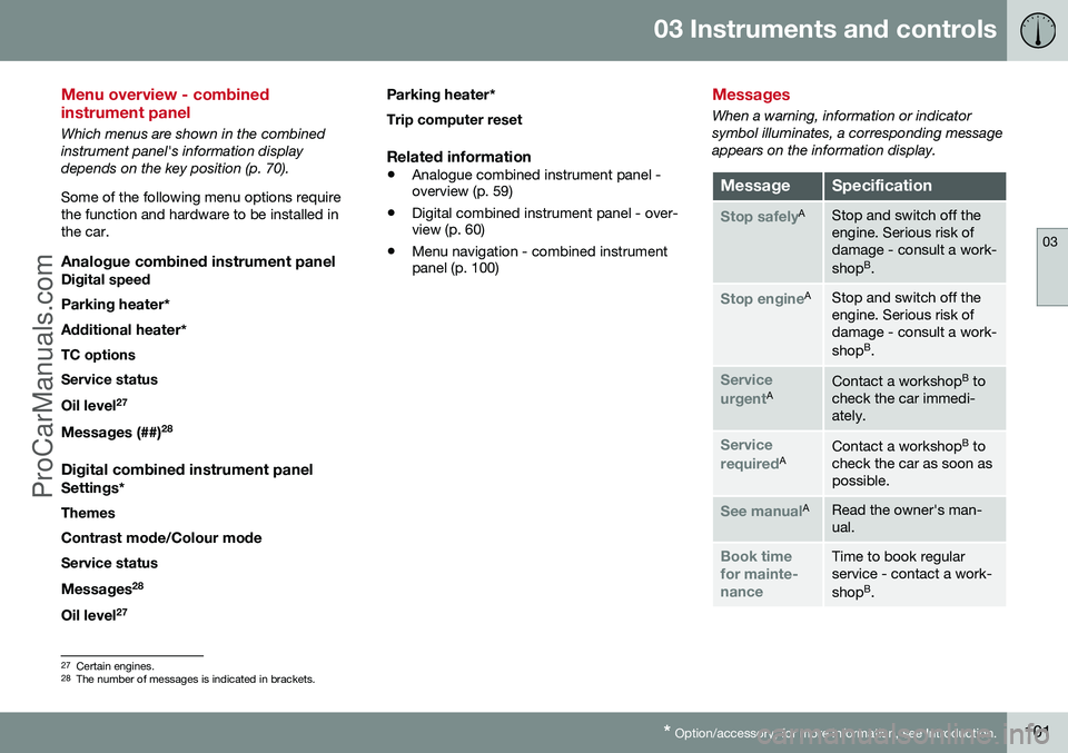 VOLVO V60 2014 Owners Manual 03 Instruments and controls
03
* Option/accessory, for more information, see Introduction.101
Menu overview - combined instrument panel
Which menus are shown in the combined instrument panel's inf VOLVO V60 2014 Owners Manual 03 Instruments and controls
03
* Option/accessory, for more information, see Introduction.101
Menu overview - combined instrument panel
Which menus are shown in the combined instrument panel's inf