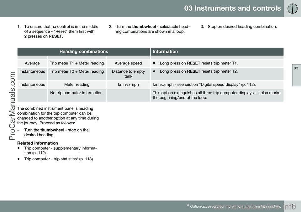 VOLVO V60 2014 Owners Manual 03 Instruments and controls
03
* Option/accessory, for more information, see Introduction.111
1. To ensure that no control is in the middle
of a sequence - "Reset" them first with
2 presses o VOLVO V60 2014 Owners Manual 03 Instruments and controls
03
* Option/accessory, for more information, see Introduction.111
1. To ensure that no control is in the middle
of a sequence - "Reset" them first with
2 presses o